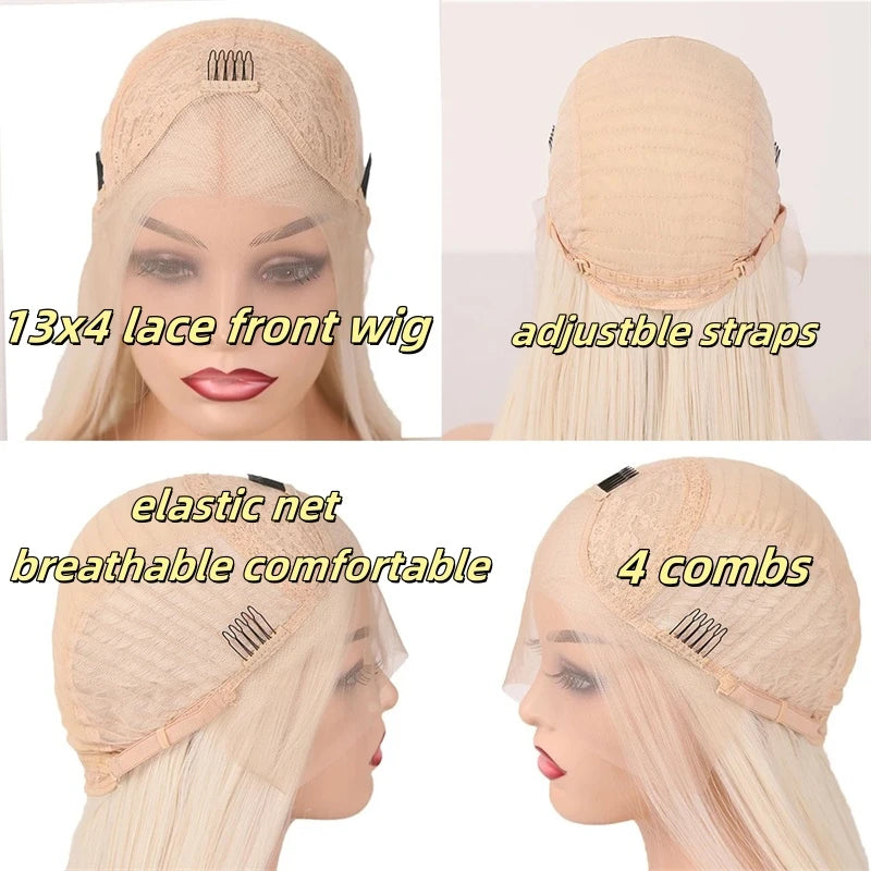 Perruque Lisse Blonde Platine | Racines Brun Cendré | HD Lace | Fibre Synthétique & Cheveux Humains | 20 Pouces