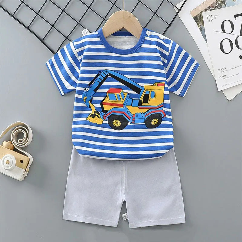 Pyjama 2 Pièces Enfant Coton | T-Shirt & Short Été | Cartoon Ours & Dinosaure | 1-4 Ans