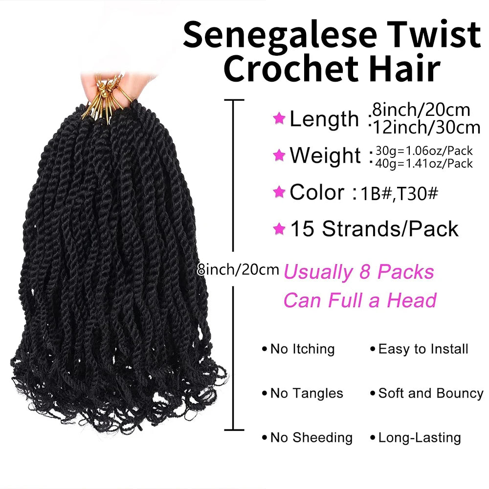 Tresses Senegalese Twist Ondulées Crochet | 8 Pouces | Bouts Bouclés | Noir Synthétique | Lot 8 Paquets