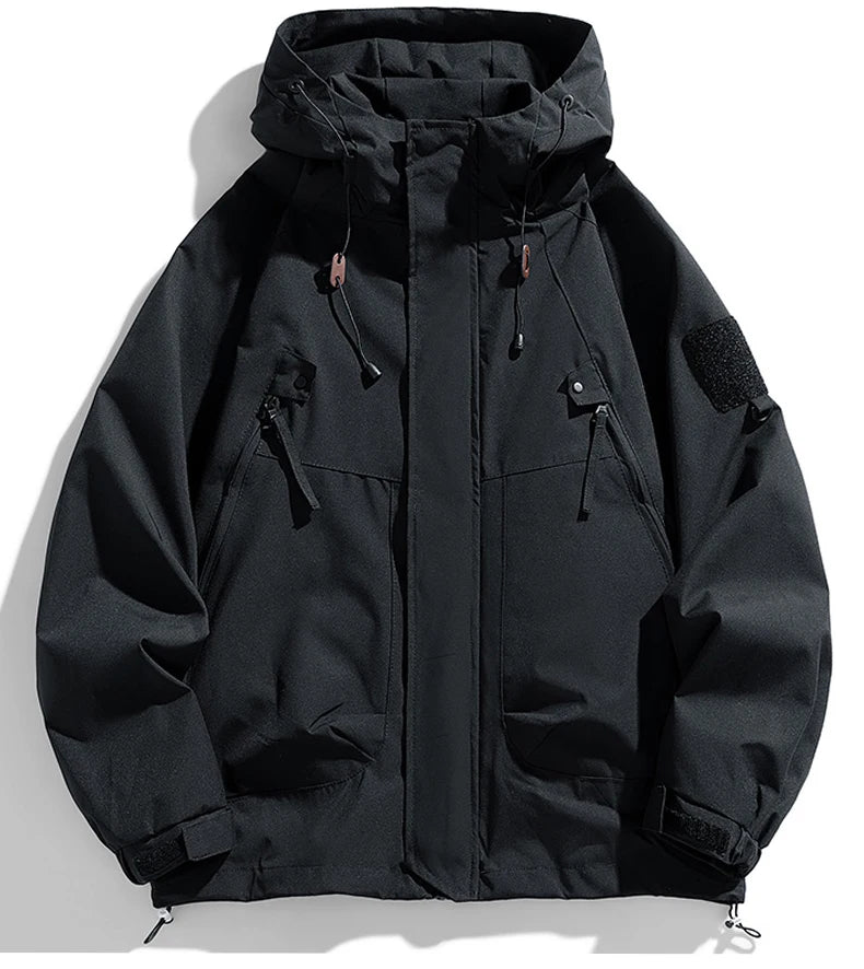 Coupe-vent homme Veste à capuche Manteau zippé Cargo Imperméable Blouson bomber noir Camping Veste de randonnée à capuche Softshell fine et ample