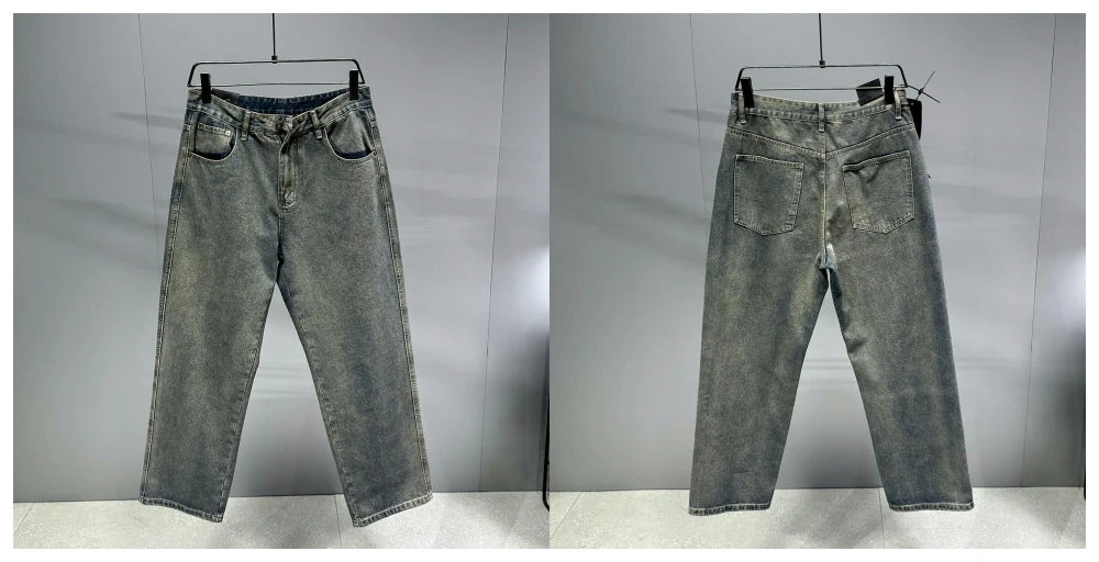 American Streetwear Baggy Jeans For Men's Clothing Vintage Distressed Gray Denim Pants Harajuku Casual Skateboard Pants Male