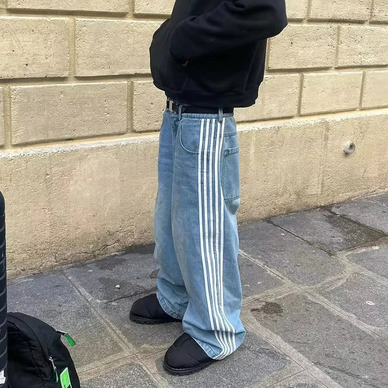 American Harajuku Style Baggy Jeans Y2K Streetwear Striped Denim Pants Men Women Casual Wide Leg Trousers Trendy High Street Pants
