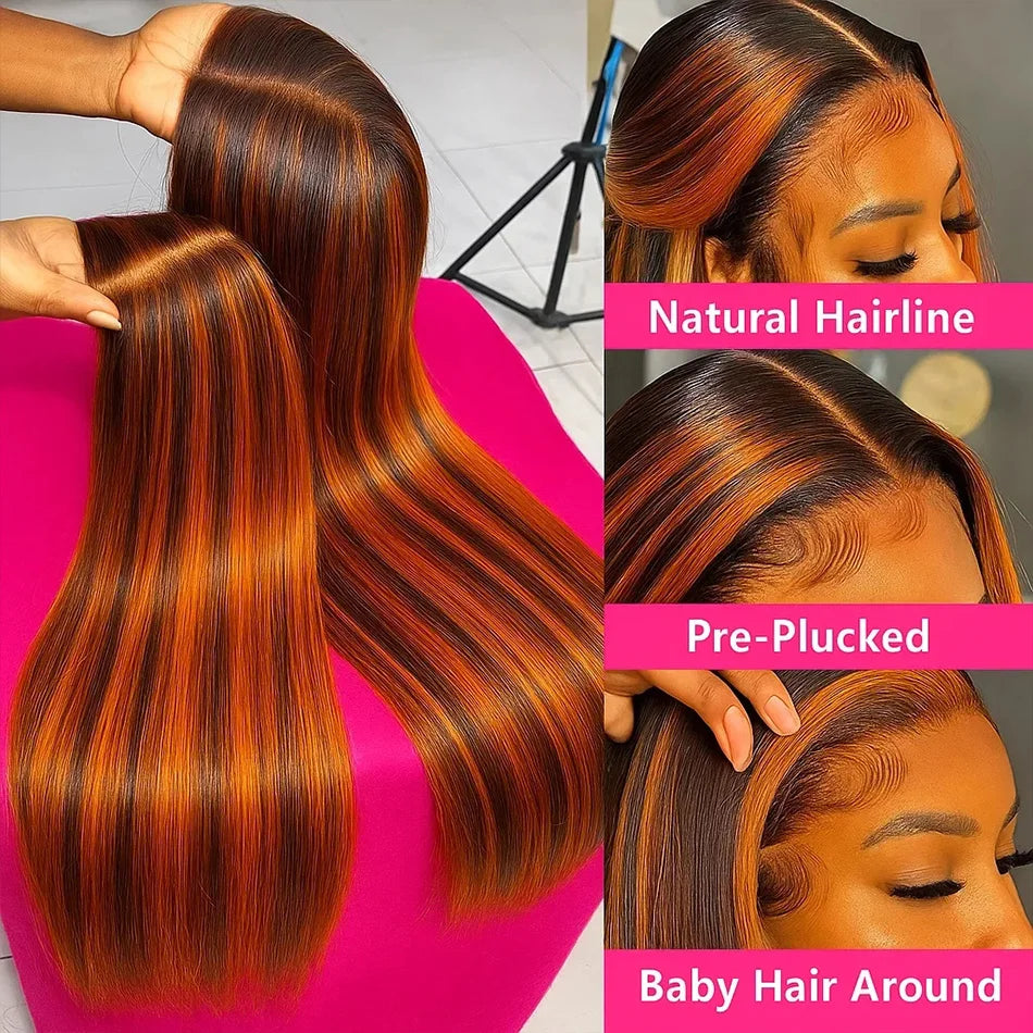 Perruque Lisse Highlight Ombre 4/350 | Gingembre Orange Brun | 13x6 & 13x4 Lace Front | Glueless | Cheveux Humains