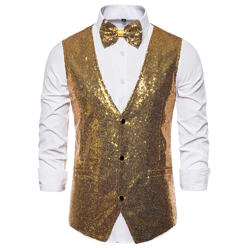 Luxury Vest for Men V-neck Slim Sparkling Tailcoat Solid Plain Waistcoat Bowtie Set Wedding Party Formal Sleeveless Jacket