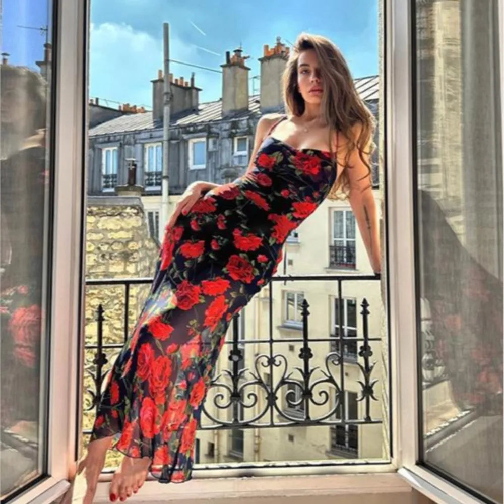 Party Dresses For Women Sexy Bodycon Floral Print Sleeveless Evening Dress Package Hip Contrast Vestidos Temperament Trendy Slim