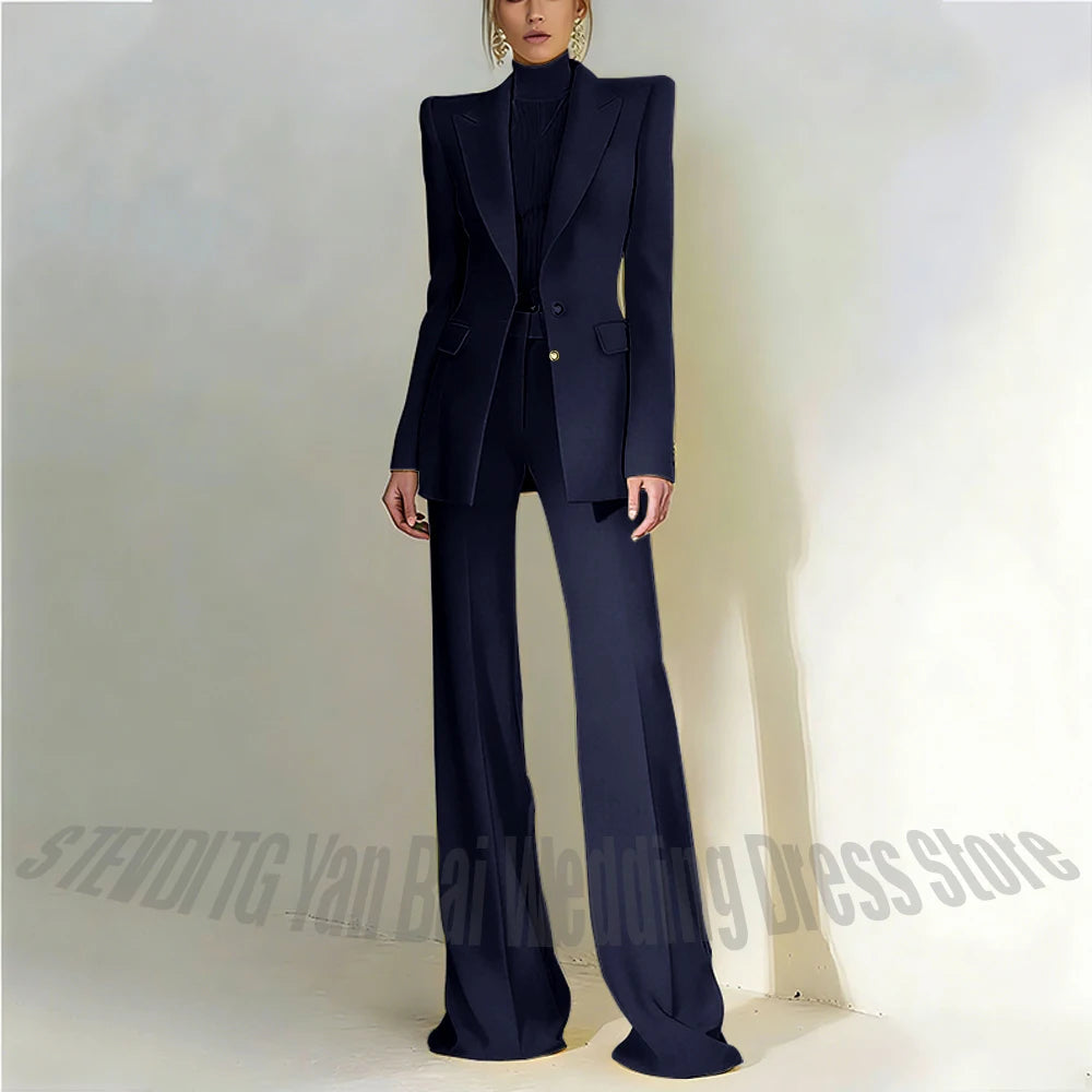 Women's Pant Suit 2 Piece Set Office Female Business Work Formal Jacket Trouser One Button Chic Yellow Peaked Lapel Elegant Suit