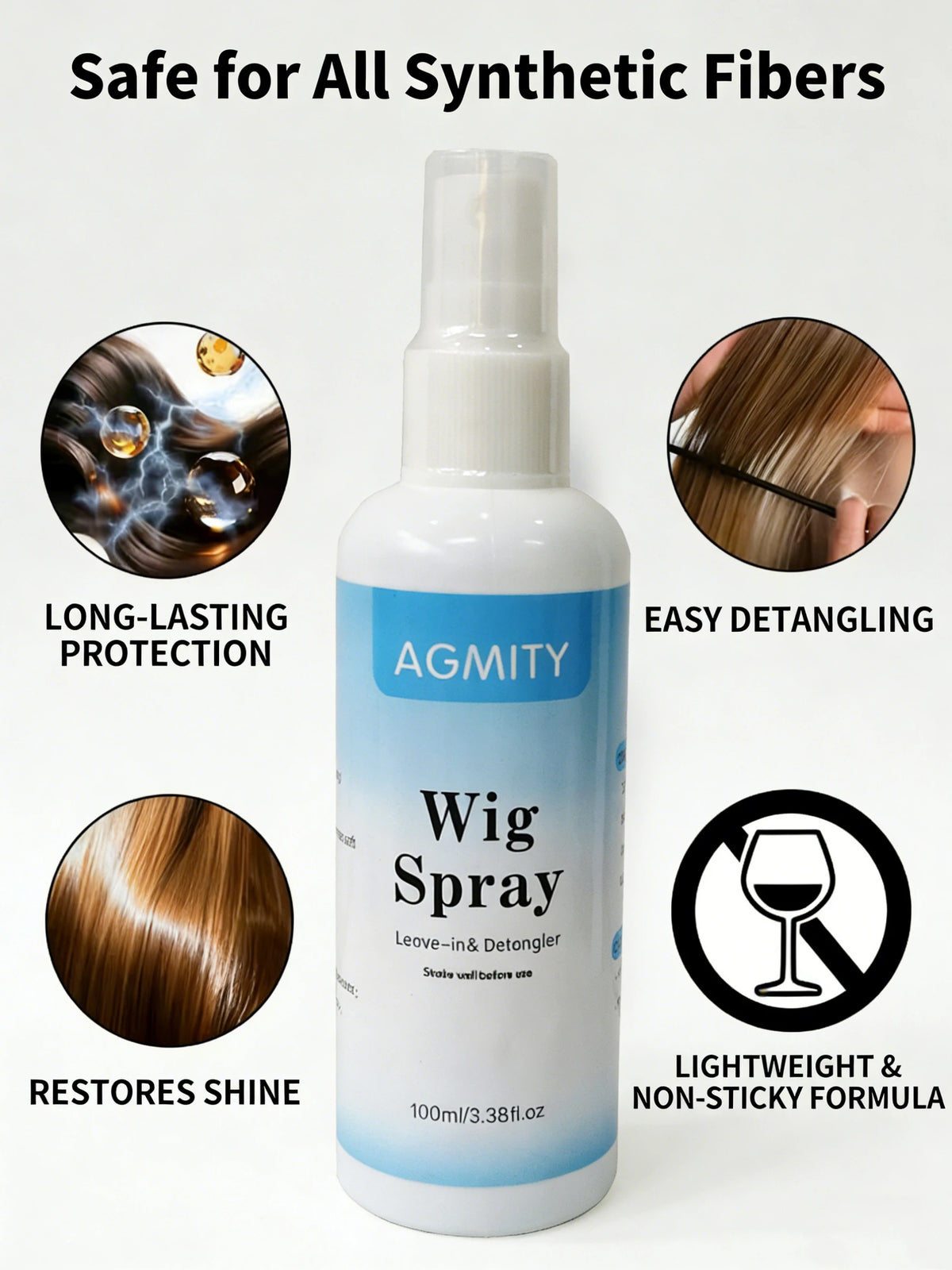 Spray Soin Perruque Leave-In | Hydratant & Lissant | Anti-Frisottis | Démêlant | Réparateur | Cheveux Humains & Synthétiques