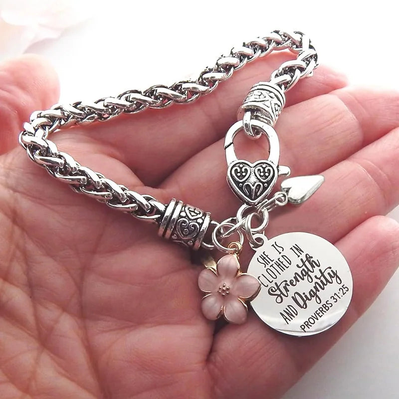 Flower Heart Bible Verse Charm Bracelet Antique Silver Plated Twisted Chain Bracelets Inspirational Christian Jewelry