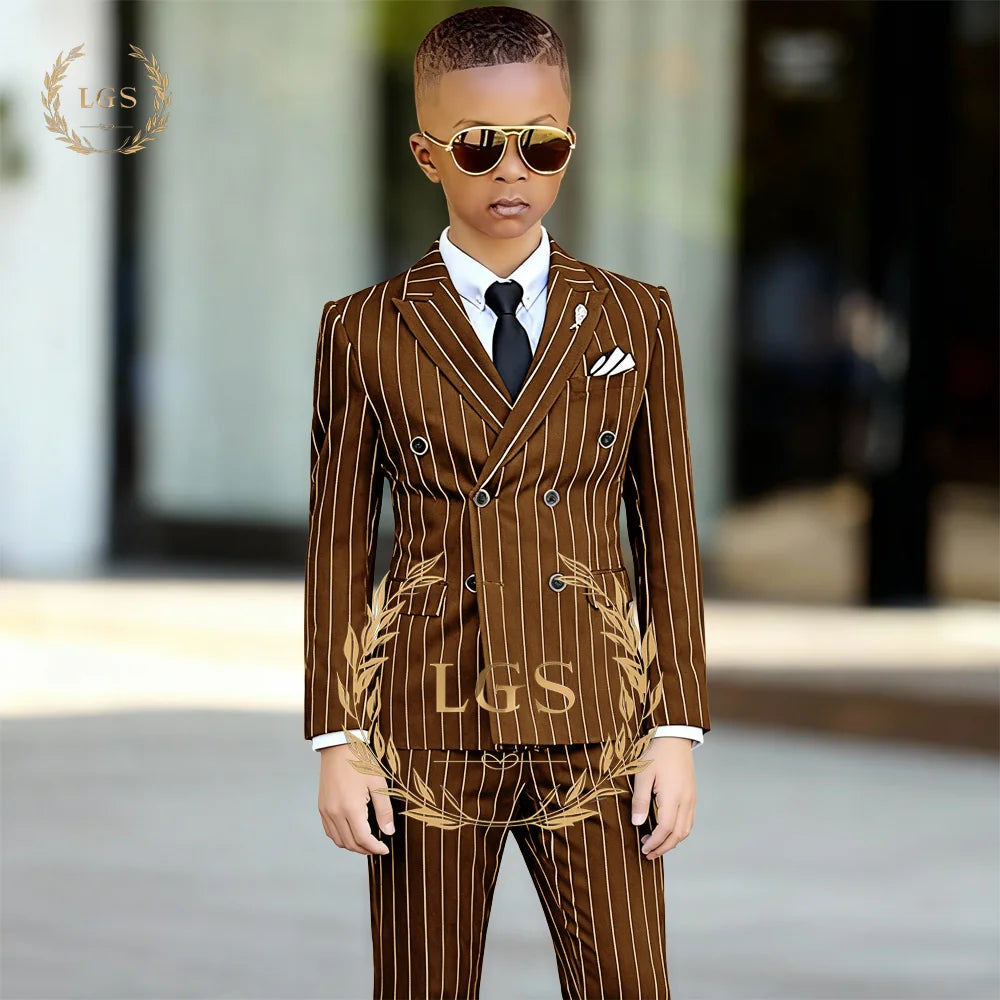 Elegant Boys' 2-Piece Suit: Double-Breasted Striped Blazer with Peak Lapel & Pants for Church, Graduation, Special Occasions