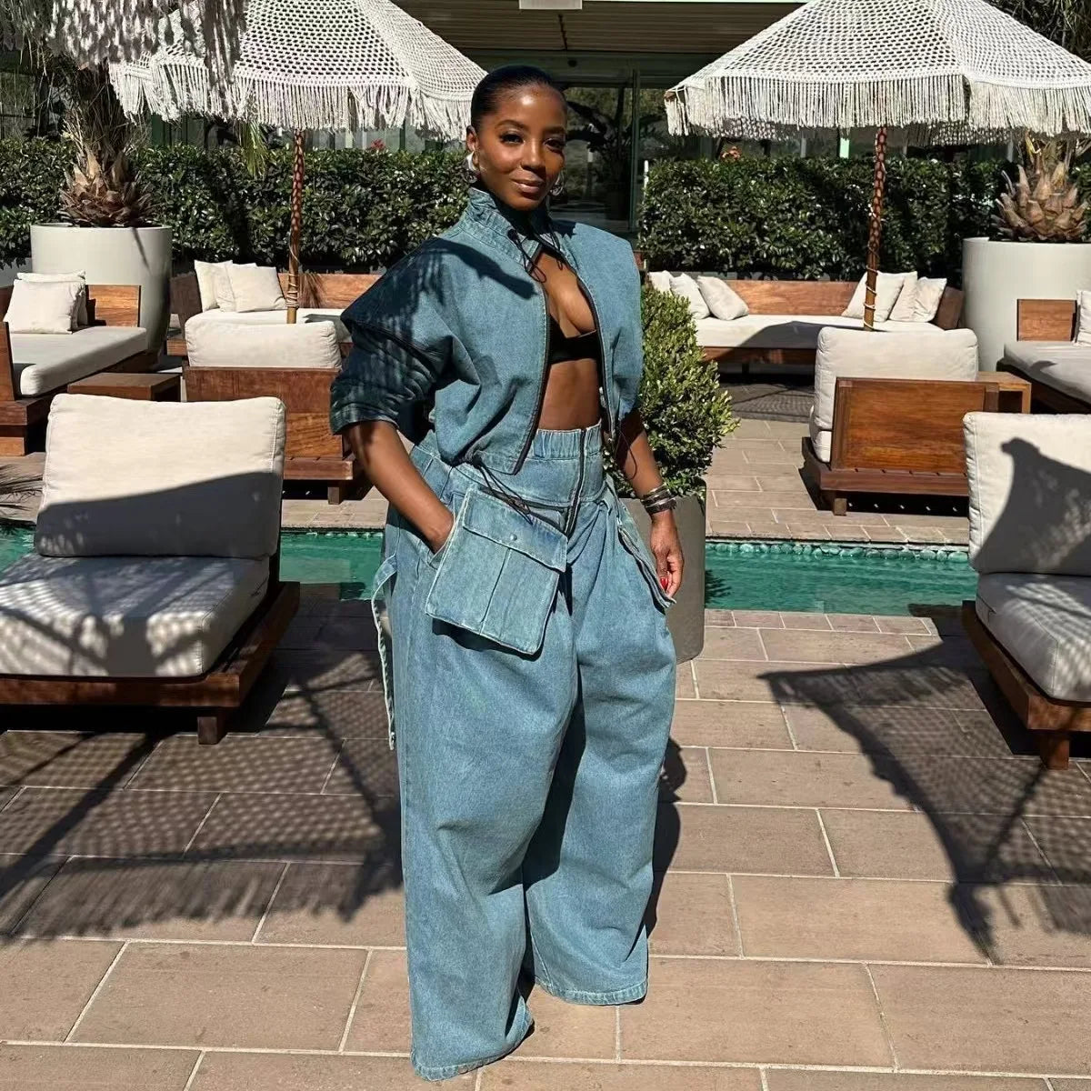 Ensemble Jean 2 Pièces Femme Vintage | Manteau & Pantalon Large Taille Haute | Fermeture Éclair | Streetwear
