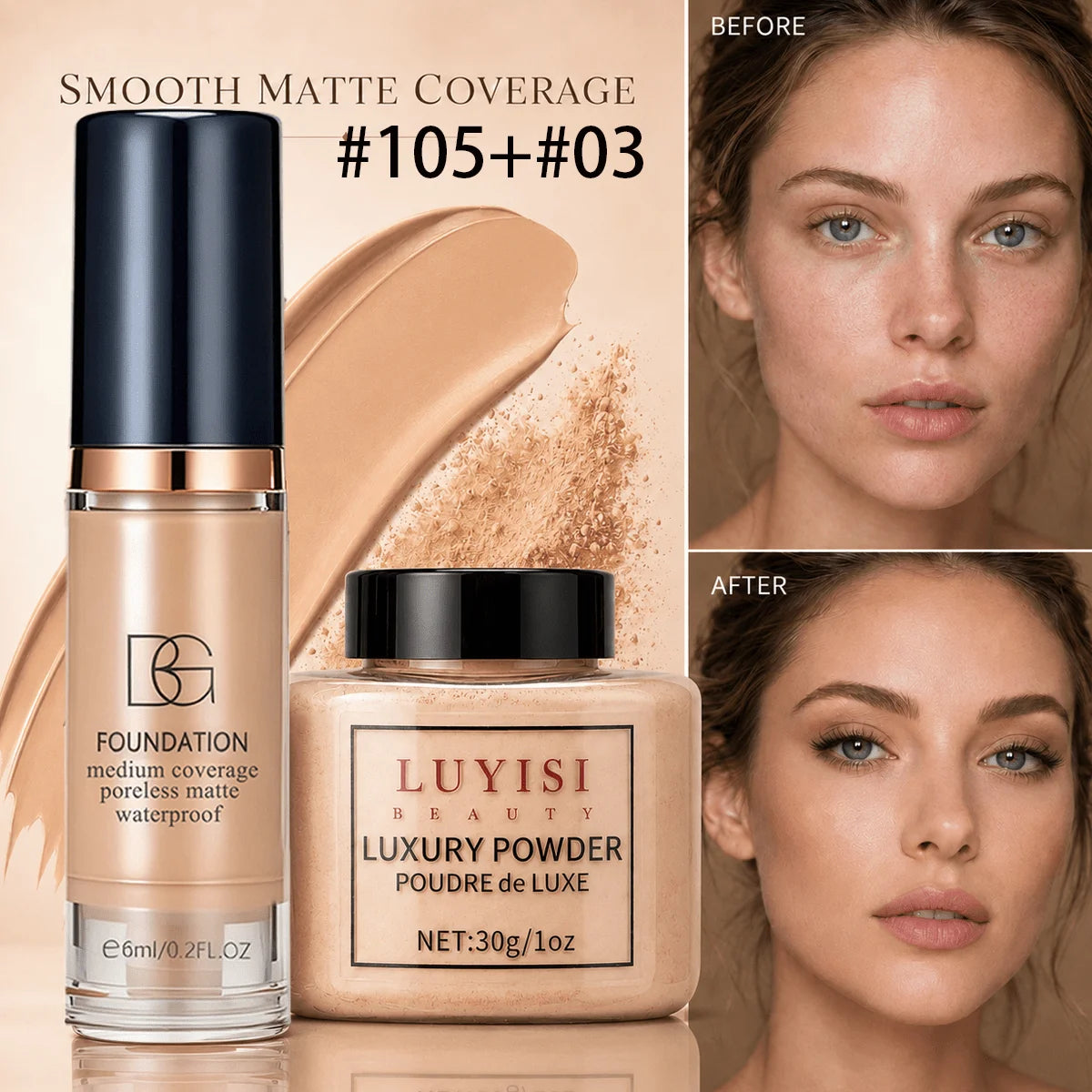 Facial Makeup Set:1pc Matte Loose Powder+1pc Waterproof Fundation,High-Coverage,Long-Lasting,Oil Control,Creat Natural Looks.
