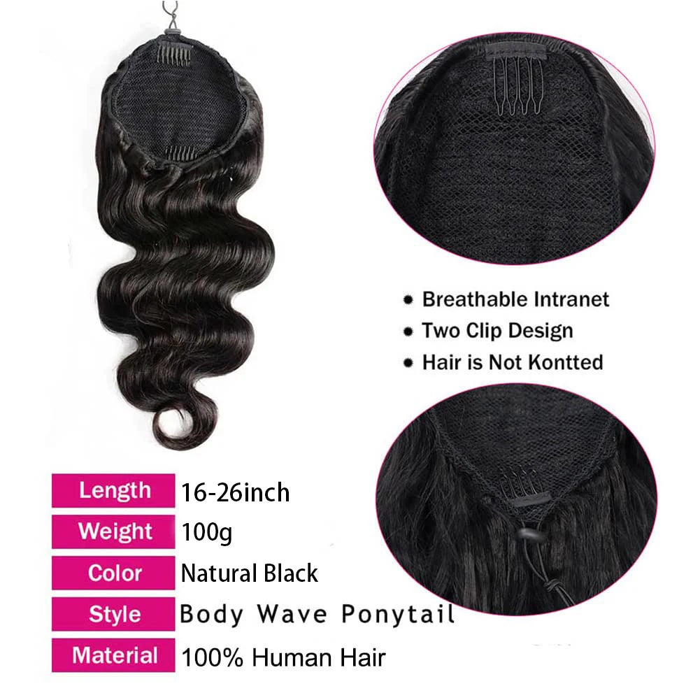 Queue de Cheval Body Wave Drawstring | Cheveux Humains Brésiliens Remy | Clip | Couleur Naturelle | Femme