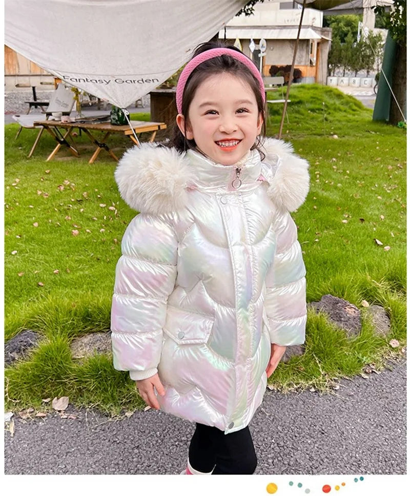 Doudoune Longue Fille Licorne | Imperméable Brillante | Col Fourrure Capuche | Parka Enfant Hiver