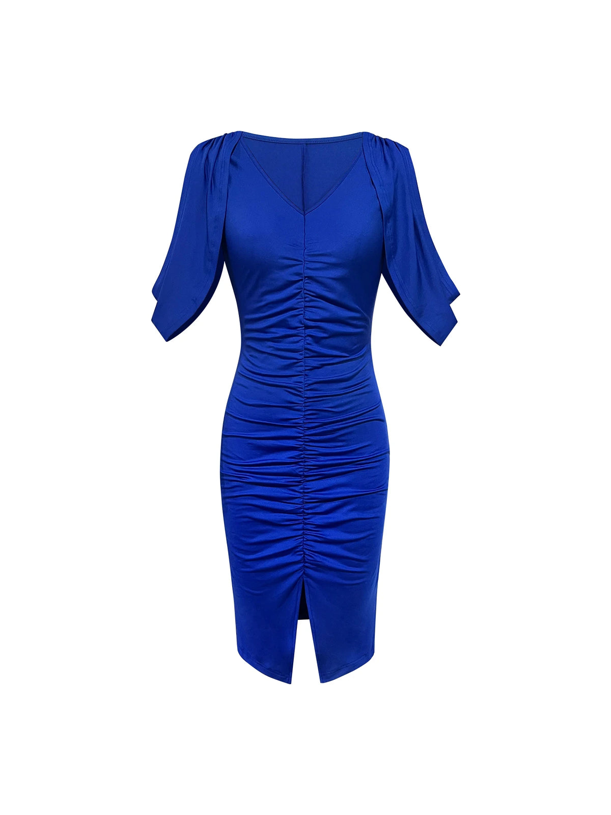 Women's Midi Dress Royal Blue Ruched Bodycon Cape Sleeve V Neck Front Slit Elegant Evening Party Spring Summer Formal Dress