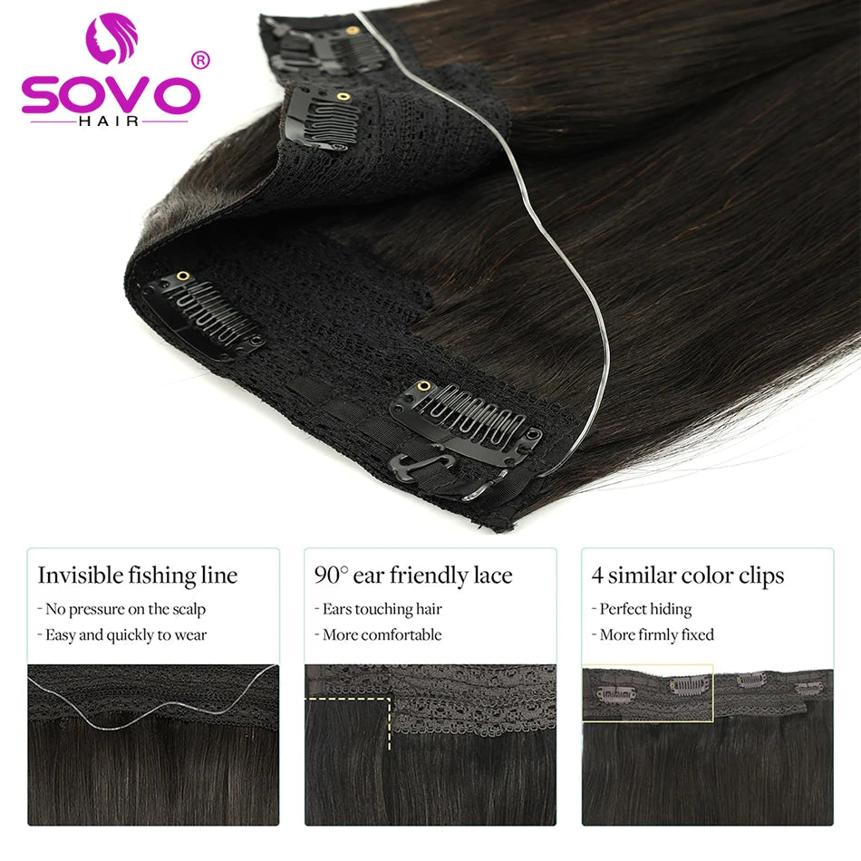 Halo Hair Extensions 100% Human Hair 14-28 Inch Hidden Wire Clip-In Hair Ombre Brown Color Human Remy Fish Line Hair Extension