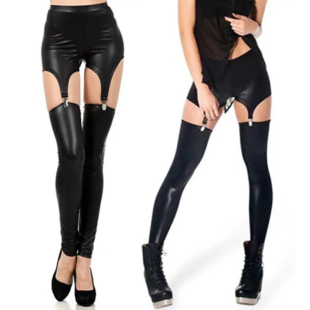 Legging Faux Cuir Bretelles Femme | Style Punk | Boucles Ceinture | Bas Sur-Genou Streetwear Sexy