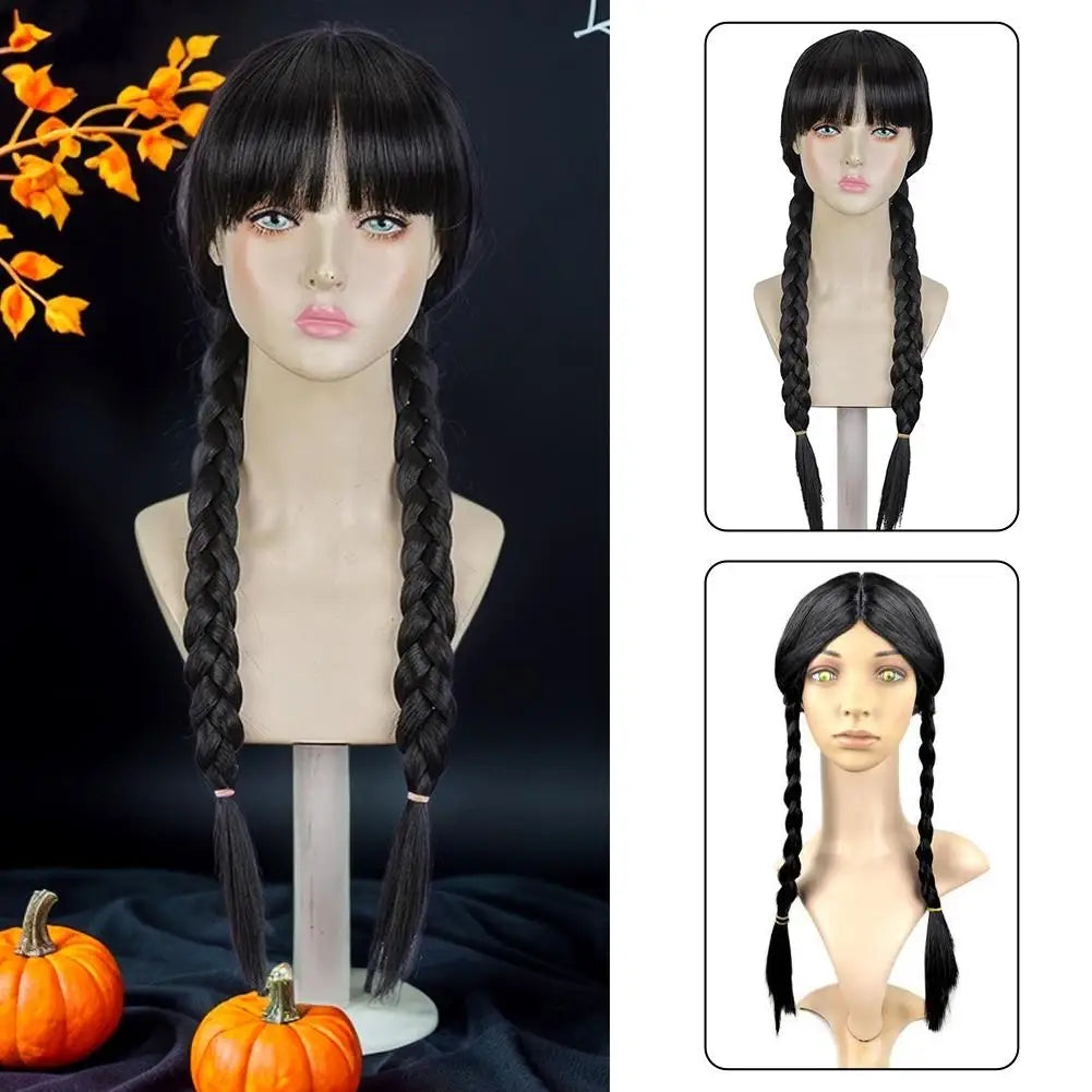 Double Ponytail Braided Wig For Wednesday Wigs Halloween Gothic Costume Braids Anime Double Black Synthetic Braided With Bangs