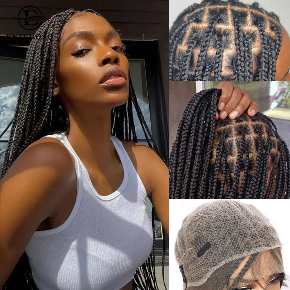 Boho Knotless Box Braided Wigs Full Double Lace Short Braid Wig for Black Women Human Hair Blended Braided Wig with Boho Curls