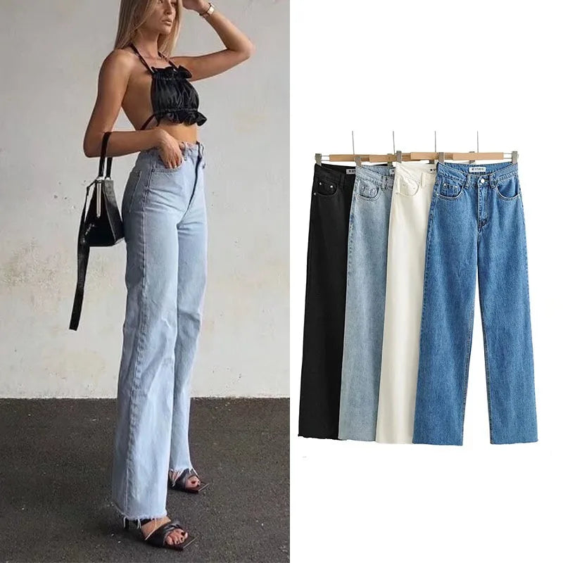 Jean Femme Taille Haute 2025 | Printemps-Automne | Décontracté Droit | Ourlet Brut Longueur Sol | Vintage