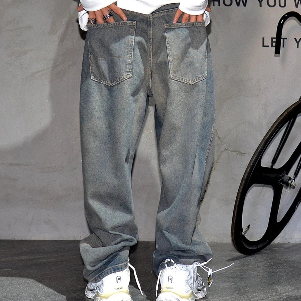 American Streetwear Baggy Jeans For Men's Clothing Vintage Distressed Gray Denim Pants Harajuku Casual Skateboard Pants Male