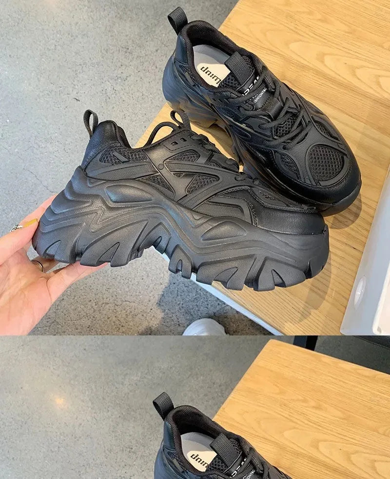 2024 New Summer Black Chunky Casual Sneakers Women New Fashion Platform Sport Shoes Mesh Leather Platform Shoes