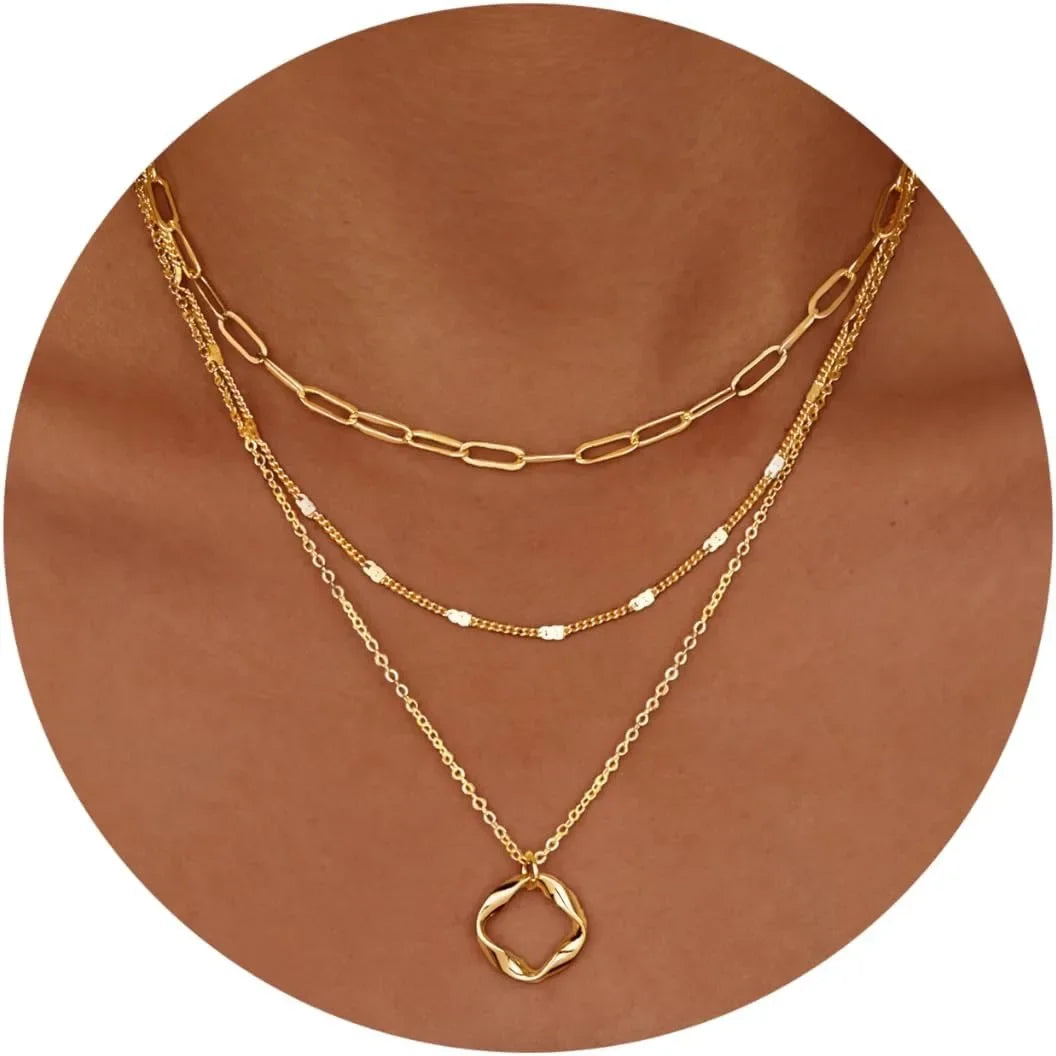 Layered 14k Gold Plated Necklaces for Women Stackable Silver Plated Circle Paperclip Chain Pendant Choker Necklace Set For Women