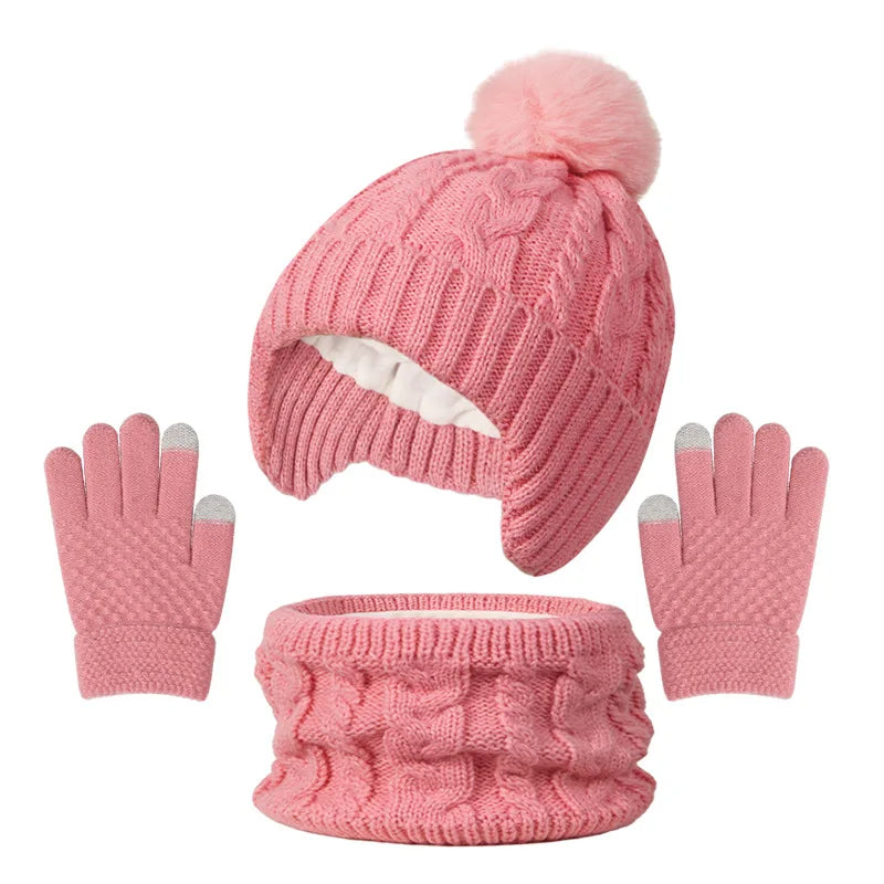 3pcs Kids Winter Warmth Set with Hat, Scarf & Gloves - Soft Pink &, Machine Washable, Polyester-Filled, Perfect for Outdoor