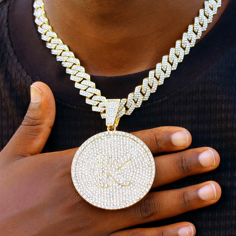 Men's Initial Name Pendant Necklace with Hip Hop Iced Out Rhinestone Paved Cuban Link Chain Necklace Fashion Birthday Jewelry Gift