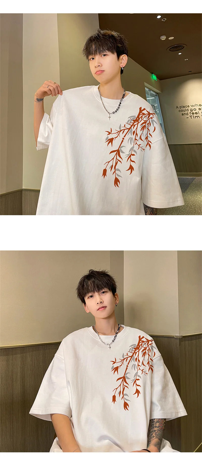 T-Shirt Homme Oversize Coton | Blanc | Imprimé Bambou | Jusqu'au 5XL | Casual Été Mode