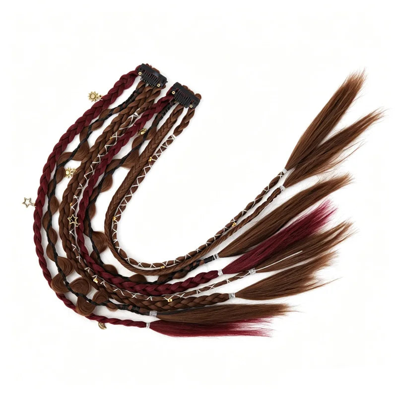 Bohemian Long Hair Braid Hand-Woven Wig Braid with Decorative Hair Accessories Easy-to-Wear Synthetic Hair Clip Braid synthetic
