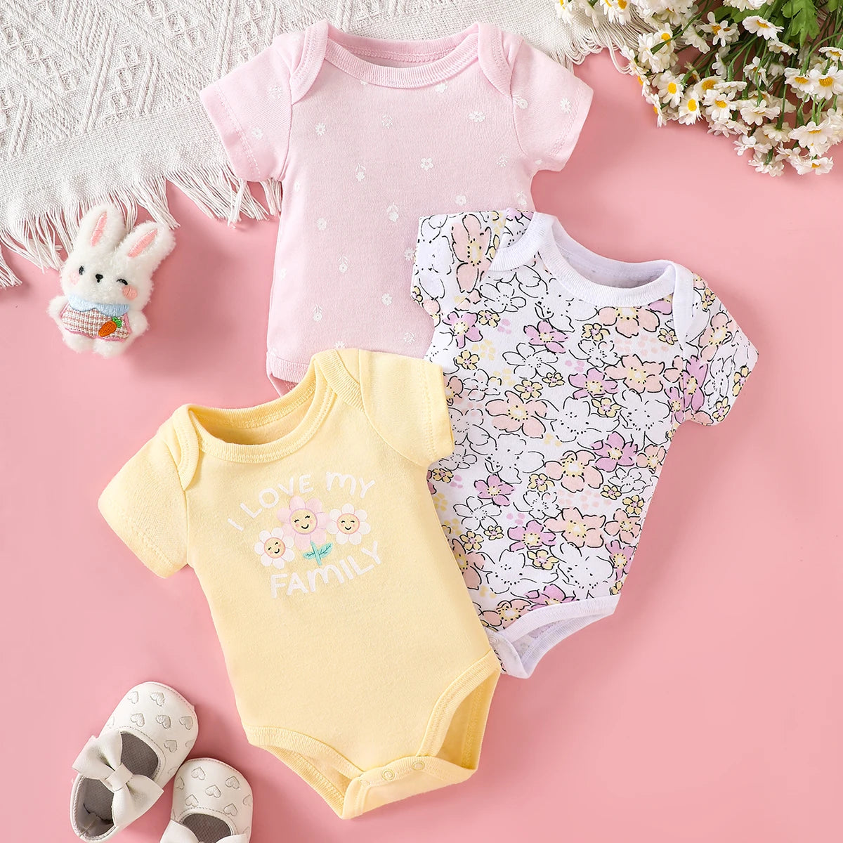 3-Piece Baby Bodysuits | 100% Cotton | Pink LOVE Print | For 0-9 Months Infants