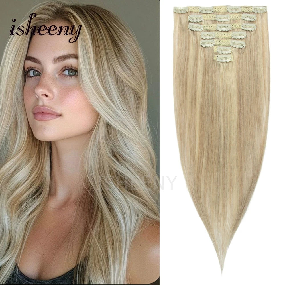 Extensions à Clips Cheveux Humains | Blonde Naturelle Brésilienne Remy | 12-20 Pouces | 7 Pièces/Set