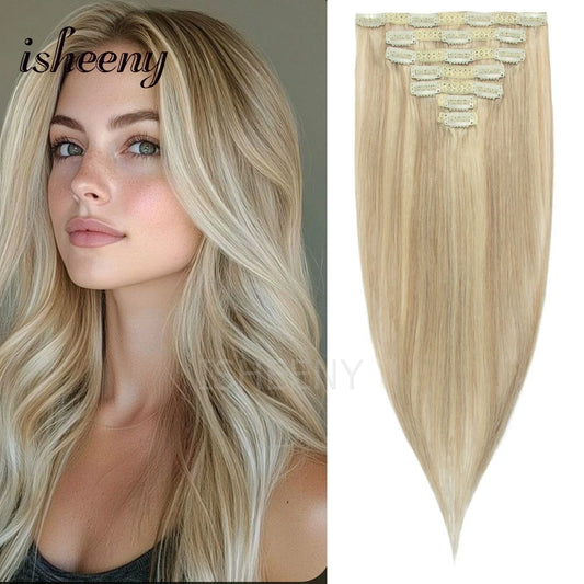12"-20" Clip In Human Hair Extensions Blonde Natural Brazilian Remy Natural Clip Human Hair Extension Real Clip On 7pcs/set