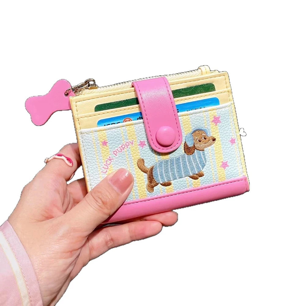 Women's Cute Cartoon Embroidered Sausage Dog Wallet Zipper Coin Purse Double Fold Card Holder Wallet Ultra Thin Leather Money Clip