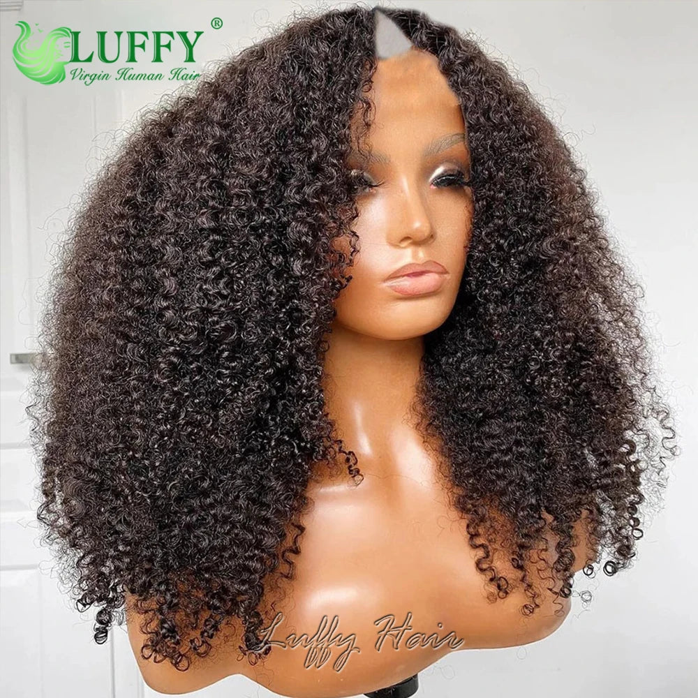 Perruque Afro Kinky Curly U/V Part | 1x4 | 200% Densité | Sans Laisse | Cheveux Humains Brésiliens | Femmes Noires