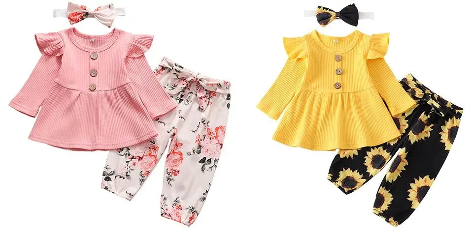 Newborn Baby Girl Clothes Set Solid Knitting Long Sleeve Tops Floral Print Pants Headband 3Pcs Outfits Casual Infant Clothing