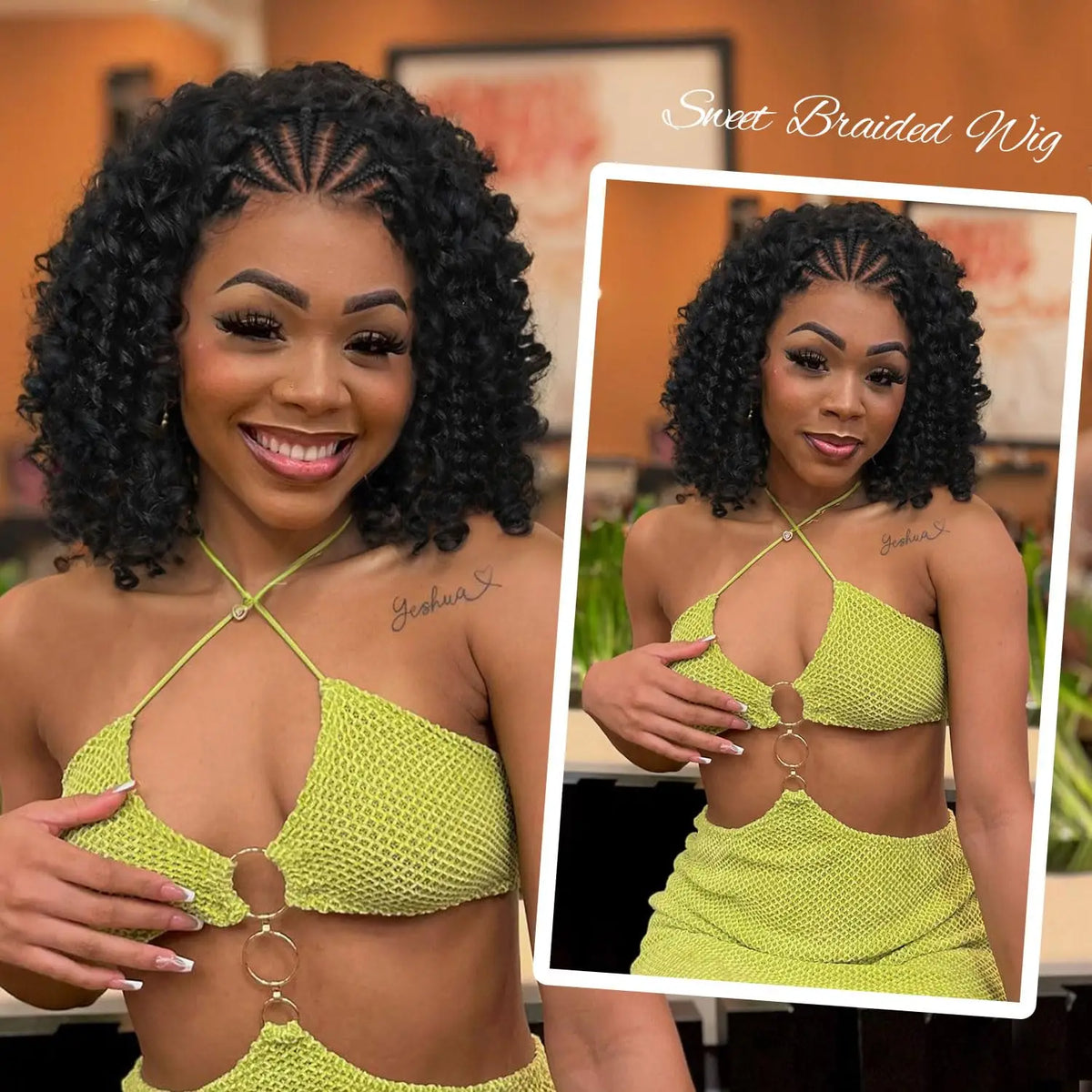 Perruque Bob Curly | 13x4 Lace Front | Tresses Cornrow Pré-Tressées | Quickwig | Cheveux Humains | Femmes Noires