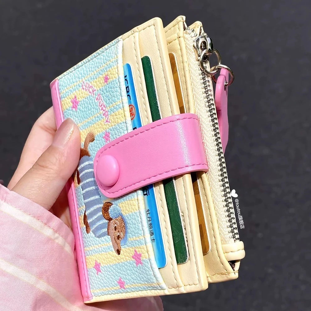 Women's Cute Cartoon Embroidered Sausage Dog Wallet Zipper Coin Purse Double Fold Card Holder Wallet Ultra Thin Leather Money Clip