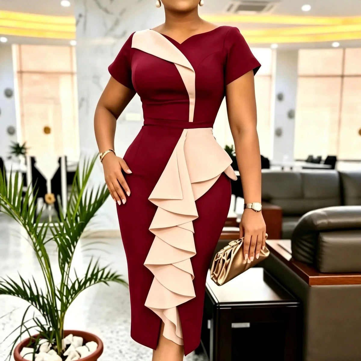 Robe Bodycon Femme Été 2026 | Coupe A-Line Patchwork | Col V Manches Courtes | Taille Cinée Slim Casual