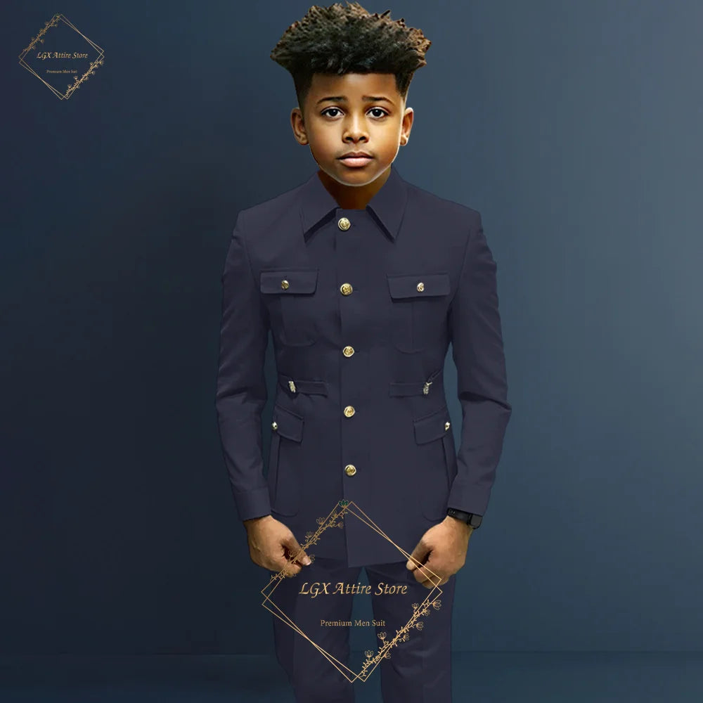 Boys single-breasted formal 2-piece suit, boys Zhongshan suit style long coat classic design suitable for ages 2-16