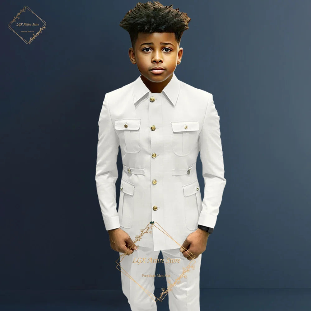 Boys single-breasted formal 2-piece suit, boys Zhongshan suit style long coat classic design suitable for ages 2-16