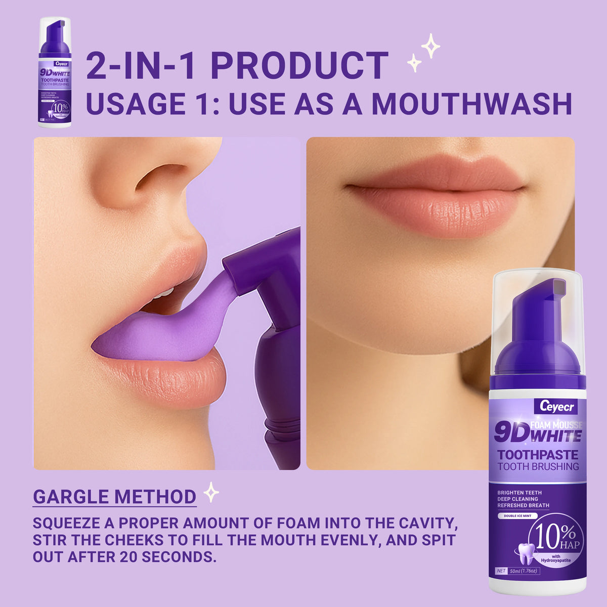 Mousse Dentifrice Blanchissante 9D | Élimine Dents Jaunes & Taches | Haleine Fraîche | Soin Dentaire