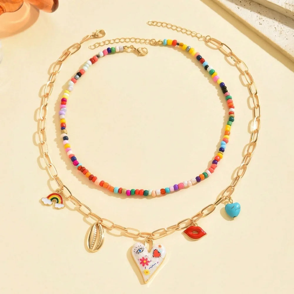 Collier Perles Bohème Multicouche Fait Main | Tassel Coloré Pendentif | Bijou Femme Accessoire