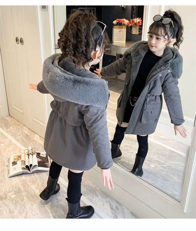 Thick Girls' Jackets Plush Velvet Fur Collar Kids' Coats Children's Winter Warm Hooded Outerwear Teenager Fashion Padded Parka