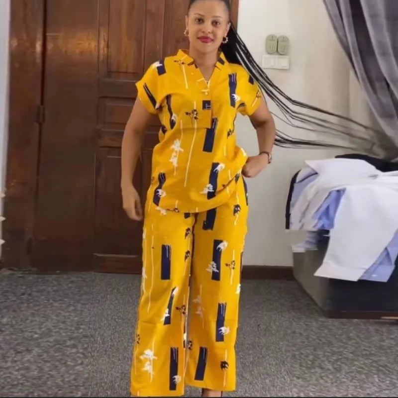 Ensemble Mode Africaine 2 Pièces Femme | Chemisier & Pantalon Droit | Tenue Coordonnée Été