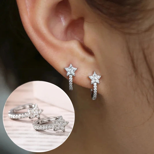 Huitan Fashion Star Hoop Earrings with Dazzling CZ Simple Stylish Ear Accessories for Women Silver Color Exquisite Jewelry