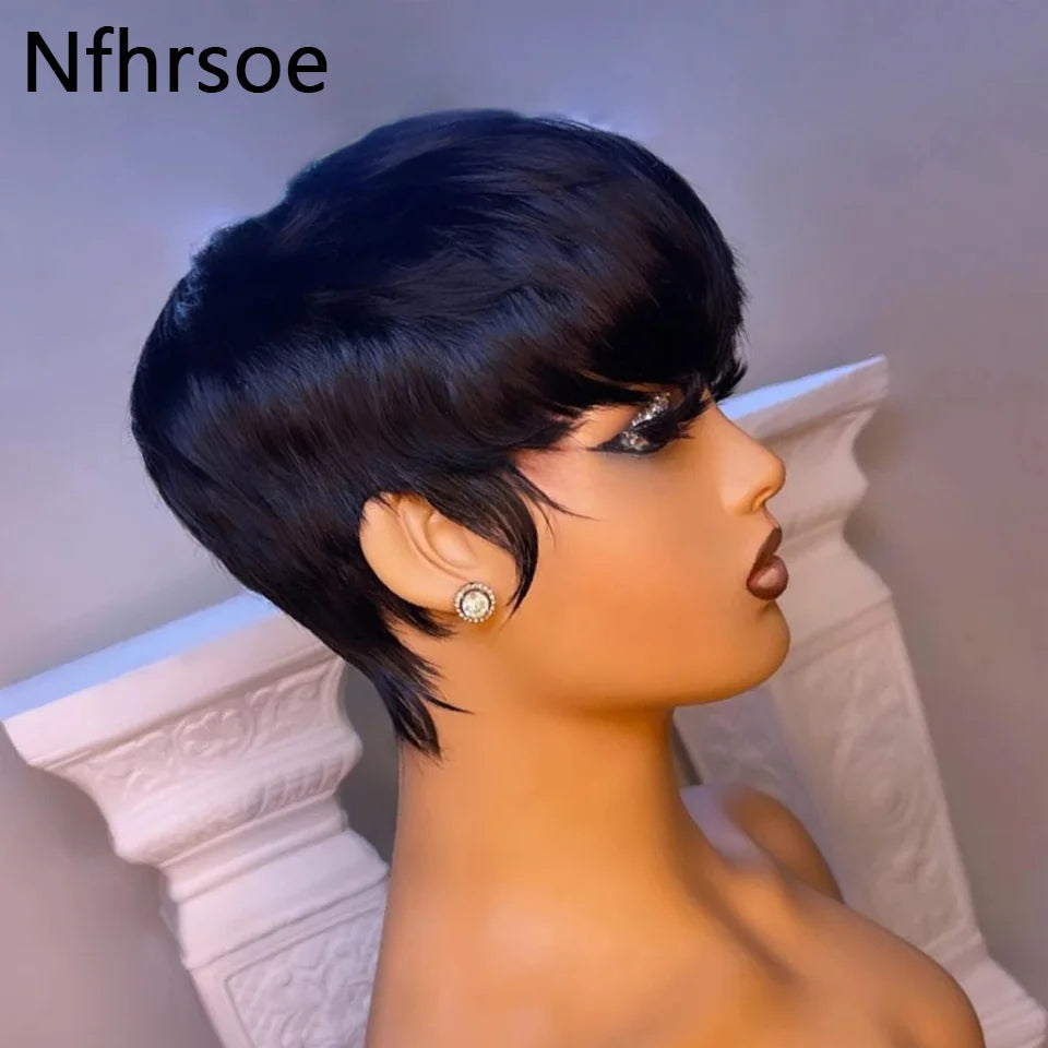Short Straight Bob Wig Pixie Cut Wigs Human Hair For Black Women With Bangs Brazilian Virgin Hair Non Lace Front Cheap Wig Black