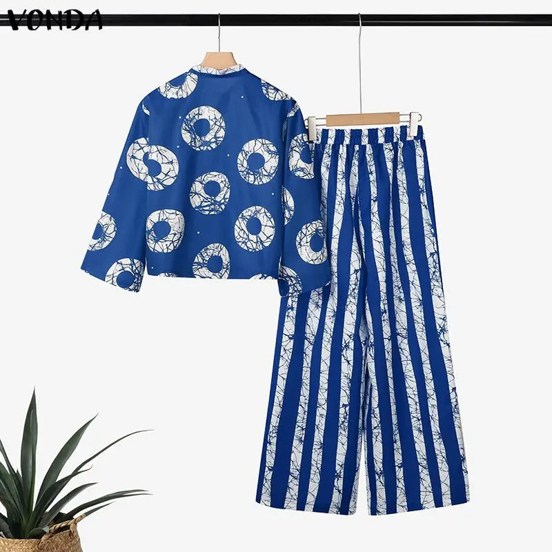 Ensemble 2 Pièces Grande Taille Femme 5XL | Boho Manches 3/4 | Chemise Imprimée & Pantalon Large | Vintage