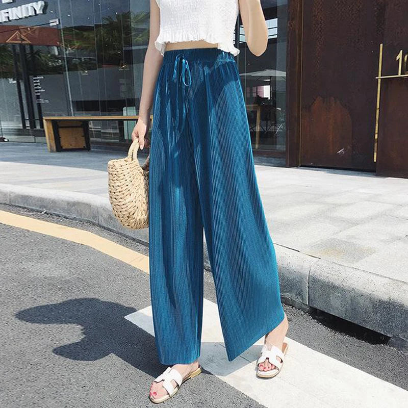 Pantalon Large Plissé Soie Glacée Femme | Taille Élastique Ample | Casual Été Mode