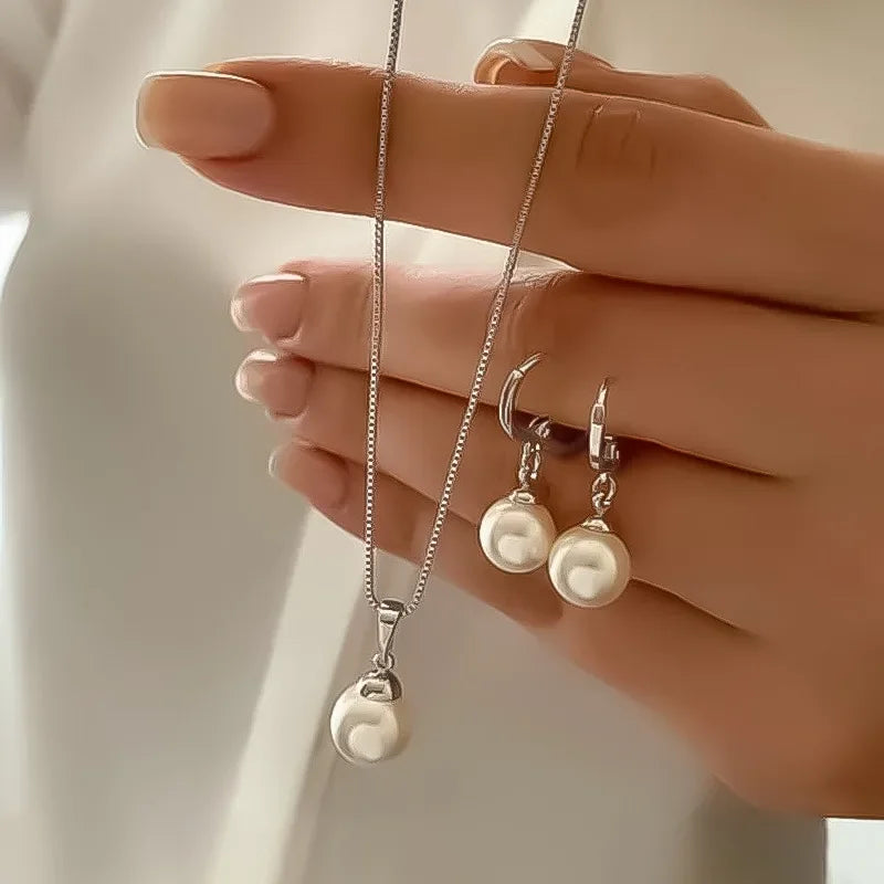 Stylish Pearl Jewelry Set for Women, Featuring Drop Earrings and Matching Necklace, Simple Elegant Everyday Wear and Party Acces